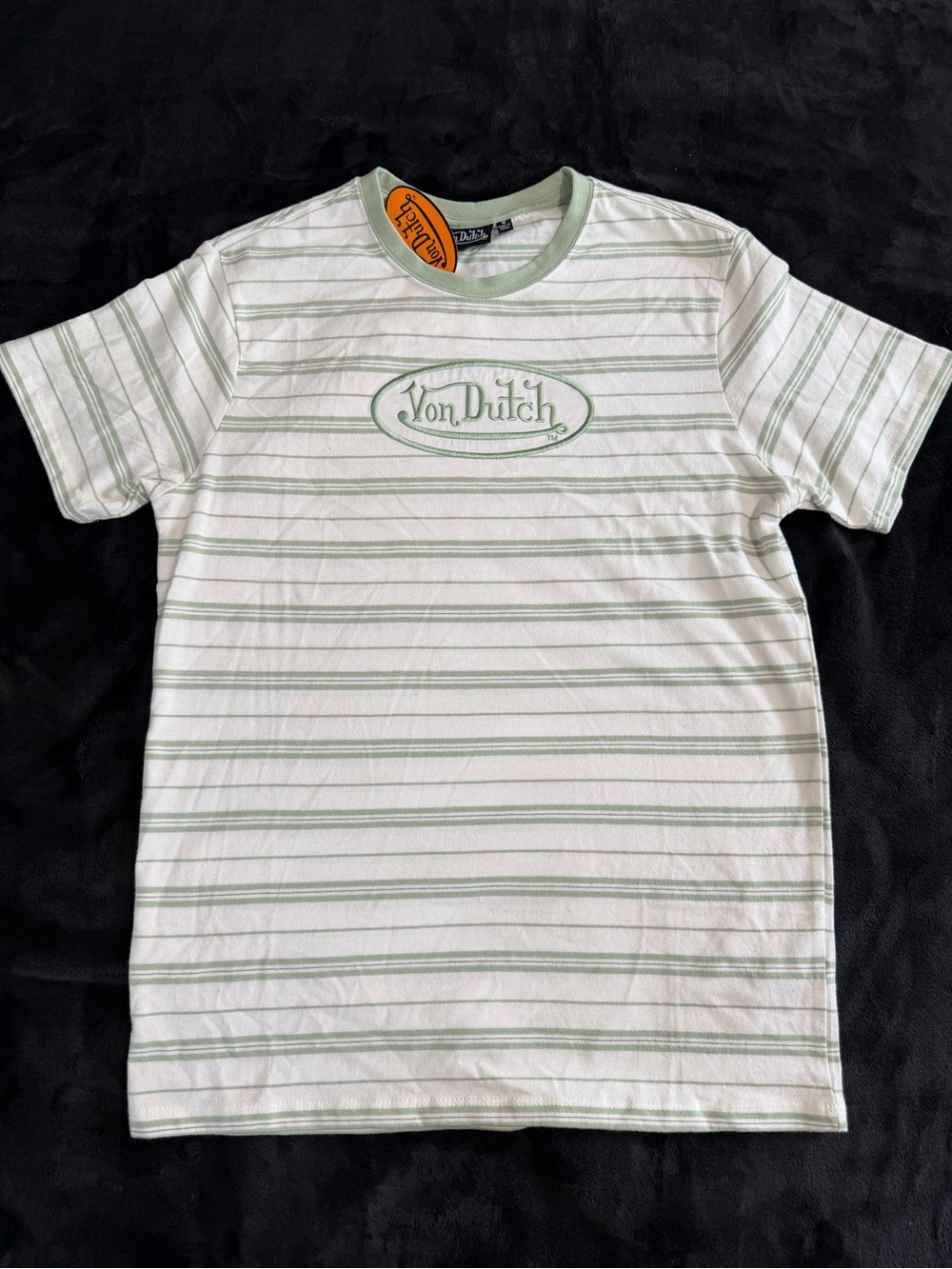 Von Dutch Men’s White & Light Green Striped Logo T-Shirt S